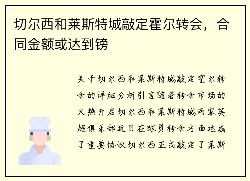 切尔西和莱斯特城敲定霍尔转会，合同金额或达到镑
