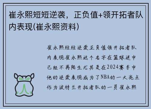 崔永熙短短逆袭，正负值+领开拓者队内表现(崔永熙资料)