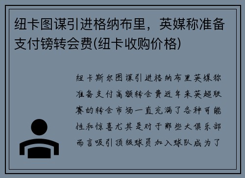 纽卡图谋引进格纳布里，英媒称准备支付镑转会费(纽卡收购价格)