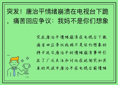 突发！唐治平情绪崩溃在电视台下跪，痛苦回应争议：我妈不是你们想象的样子！