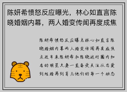 陈妍希愤怒反应曝光，林心如直言陈晓婚姻内幕，两人婚变传闻再度成焦点