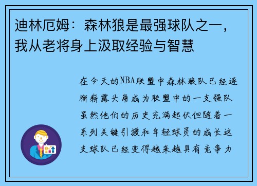 迪林厄姆：森林狼是最强球队之一，我从老将身上汲取经验与智慧