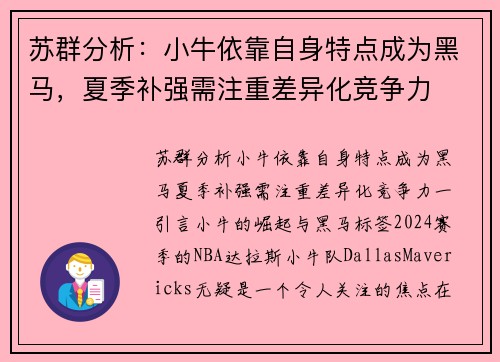 苏群分析：小牛依靠自身特点成为黑马，夏季补强需注重差异化竞争力