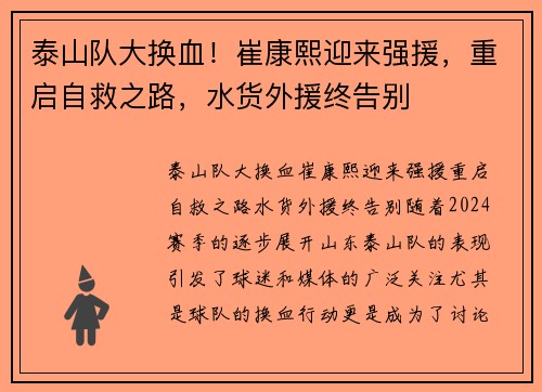 泰山队大换血！崔康熙迎来强援，重启自救之路，水货外援终告别